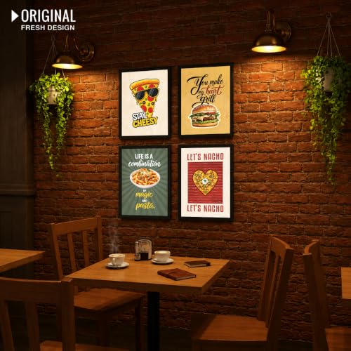 Image of Chaka Chaundh - Restaurant wall decoration items - Cafe quotes wall frames - Pizza walls frame - Pasta wall frame poster, Nacho wall frame, Burger wall frame art. - Food frame poster wall art. ( 14X11 inch. Set OF 4 )