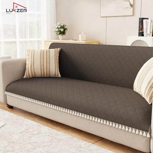 Image of Lukzer Quilted Sofa Cover Mat with Tassels for 1 Seater Sofa - Chocolate Brown | Soft Washable Anti-Slip Protector for Living Room | Furniture Cover for Back-Seat Slipcover 60X150CM / SC-192-1T