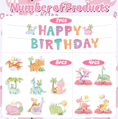 Image of Girl Dinosaur Party Decorations, 14 PCS Pastel Dino Happy Birthday Banner Hanging Swirls Table Decor, Pink Girly Cute Dinosaur Bday Party Supplies