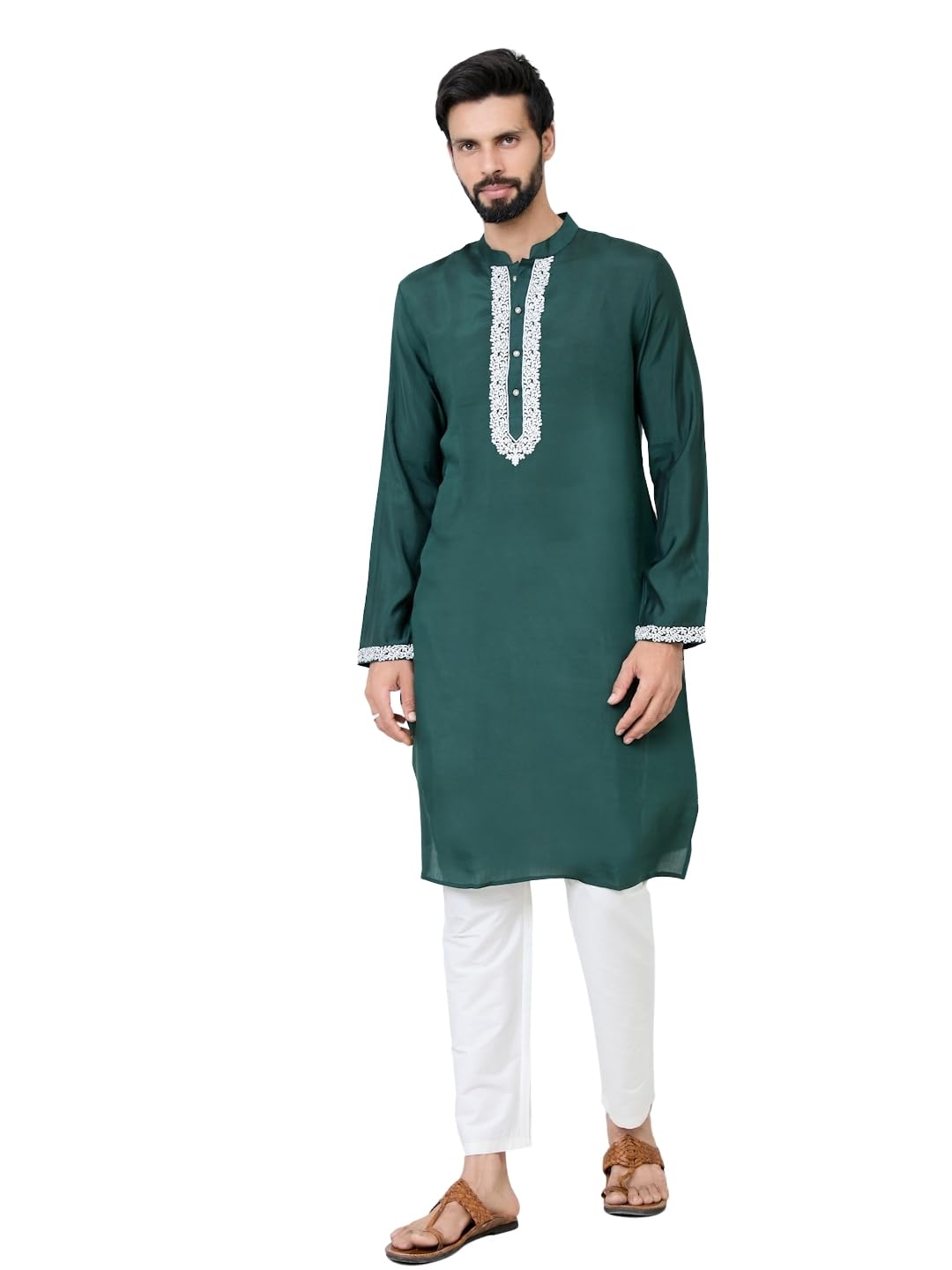 Men's Full Sleeve Mandarin Collar Floral Embroidered Mandarin Collar Thread Work Straight Long Kurta with Pyjama - Festive Collection | Dussehra & Diwali collection