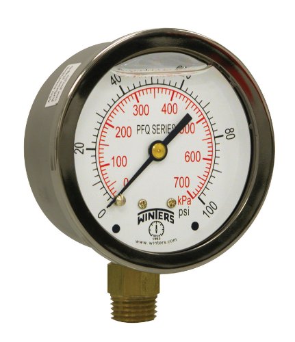 Image of Winters 2-1 /2 inch Dial Size, Liquid Filled Industrial Pressure Gauge, Brass Internals, 304 Stainless Steel Case, Dual Scale 0-100 psi /kPa, 1.5% Acc, 1 /4 inch NPT Bottom Mount, Glycerin Filled Pressure Gauge