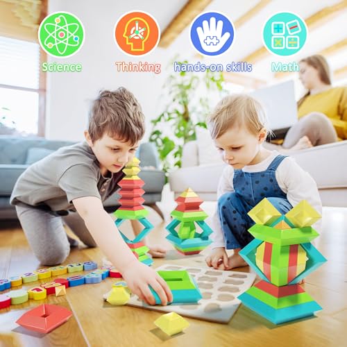 40Pcs Montessori Toys for Ages 3 4 5 6 Toddlers Kids Baby,Pyramid Stacking Building Toys,3D Preschool Learning Blocks for Kids,STEM Sensory Toy Gifts for 3-5 Year Old Boy Girl,Plastic Storage Bag Set - Image 3