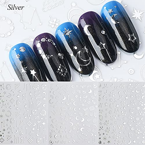 8 Sheets Stars Moon Nail Art Stickers 3D Metallic Self-Adhesive Gold Silver Geometry Star Moon Planet Nail Decals For Acrylic Nail Supplies Diy Manicure Nail Decoration Accessories #TOP4