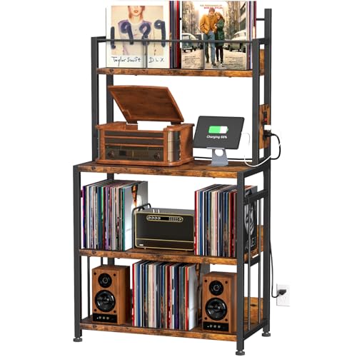 EasyCom Record Player Stand with Vinyl Storage, Turntable Stand Holds Up to 300 Albums, Large Record...