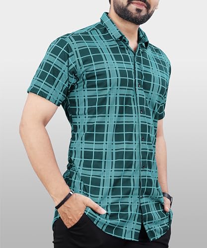 Image of LookMark Men's Stylish Lycra Blend Half Sleeve Shirt with Spread Collar - Featuring Trendy Prints for Casual Wear