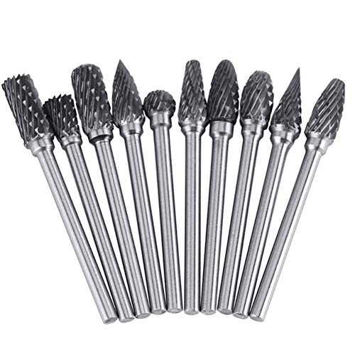 10 Pcs Tungsten Carbide Double Cut Rotary Burr Set 3 mm (1/8 Inch) Shank and 6 mm (1/4 Inch) for Grinder Drill, DIY Wood-working Carving, Metal Polishing, Engraving, Drilling