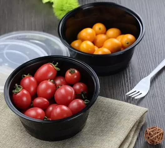 Set of 50 Heavy Duty Takeaway Food Containers with Lids 750ml size Black Colour Round Shape Container Non CFC, BPA Free, Microwave & Freezer Safe for Home Restaurants Hygiene Proof Packing
