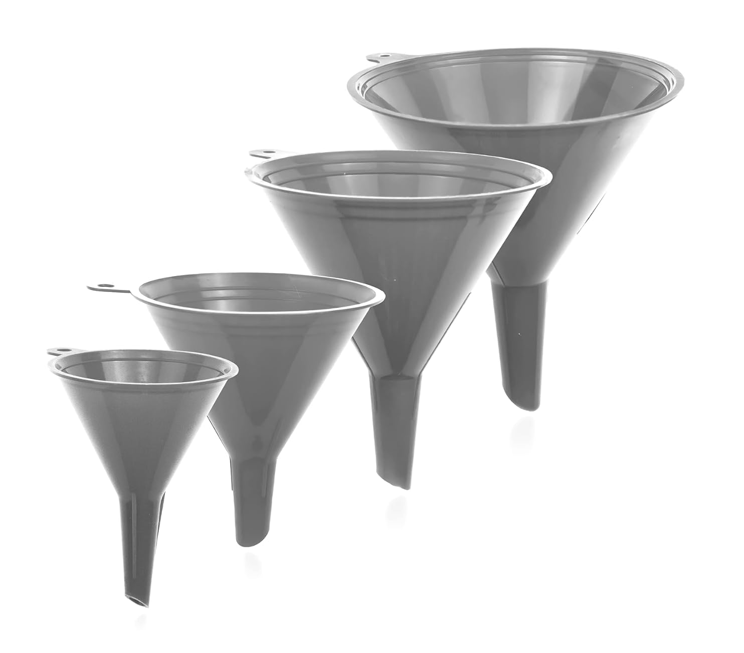 Liqvee® Funnel Gray in 4 Different Sizes (122, 101, 76 & 50mm) Durable & Non-Toxic Food Grade Plastic -Funnels for Filling Bottles or Containers with Ring Holders – Ideal for Kitchen, Garage & Labs