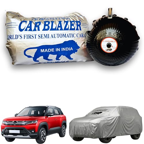 Image of CARBLAZER Portable & Semi-Automatic Full Body Car Covers: Heavy Duty Device| Anti-Theft| Dust & Scratch Proof | Water & Wind Resistant|Custom Fit| Dual-Side Cover, Compatible for Maruti BREZZA New