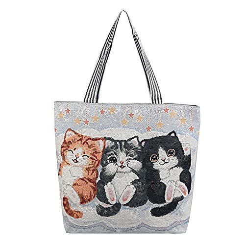 Image of Women's Canvas Cat Print Shoulder Bag - Cat Graphic Hobo Crossbody Handbag