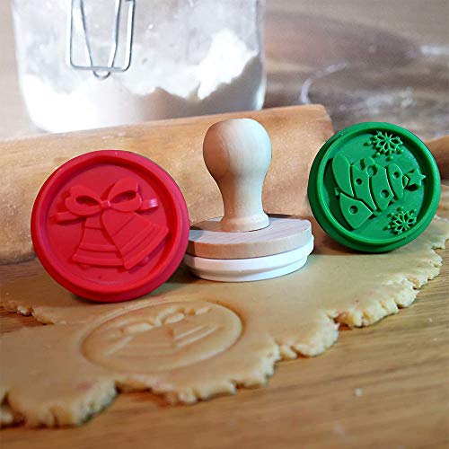 Christmas Silicone Cookie Stamps - Set of 3 Heat Resistant Stamps Include Christmas Bell, Reindeer, Tree and 1 Wood Press, Party Novelty DIY Baking Gift, Non stick and BPA Free - Thumbnail 6