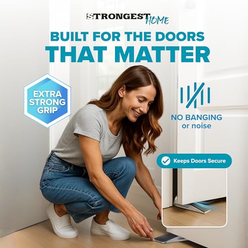 Image of STRONGEST HOME Door Stoppers for Bottom of Door - Heavy Duty Metal Rubber Stopper, Non-Slip Door Stop for Heavy Doors, Works on Wood, Tile & Carpet Floors, Wedge Chrome 2 PCs + 2 White Wall Protectors