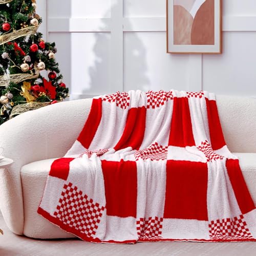Red Checkered Throw Blankets for Christmas, Buffalo Plaid Throw Blanket Ultra Soft Warm Premium Microfiber Yarn Blanket for Couch, Reversible Cozy Knitted Blanket,Red White,50'x60'