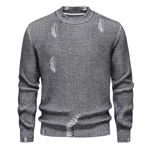 Men's Ripped Hole Sweater Pullover Long Sleeve Destroyed Raglan Knit Sweater Vintage Slim Fit Distressed Knit Jumper Tops