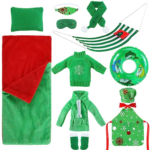 Bencailor 12 Pcs Christmas Doll Accessories Set Include Sleeping Bag Pillow Scarf Mask Eye Patch Sweater Hoodie Shoes Hammock Apron Chef Hat Swim Ring Fit for Dolls Doll is Not Included