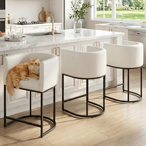 Image of HNY White Modern Barrel Counter Height Clearance Bar Stools Set of 2, 24 Inch PU Leather Kitchen Barstools with Back for Island, with Black Metal Tubular Frame