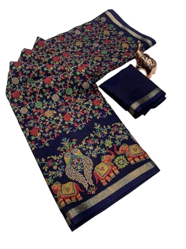 Image of Kalamkari Floral Prints Dola Silk Saree With Rich Zari Border Designer Pallu Attach Blouse Piece