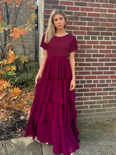 MAGGCIF Tiered Ruffles Bridesmaid Dresses with Flutter Sleeves Chiffon A Line Long Formal Prom Dress for Women3