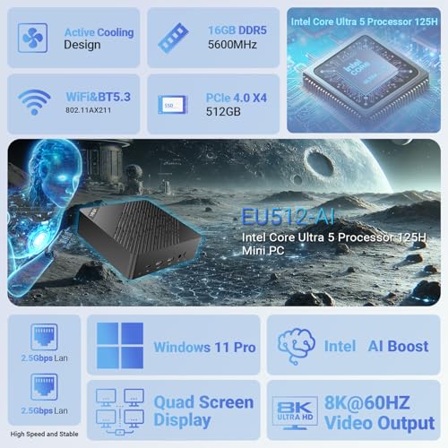 MINIX EU512-AI Mini PC Intel Core Ultra 5 125H 16 GB DDR5/512 GB SSD/8K Quad Output/Thunderbolt 4/Fluisterstil kantoorontwerp/AI Boost NPU/Dual 2.5G/Wi-Fi 6E Windows 11 Pro - Afbeelding 4