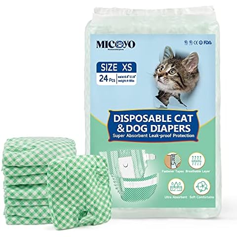 MICOOYO Disposable Puppy Cat Nappies - Super Absorbent Pet Diapers for Small Cats Female Dogs, Disposable Cat Diaper Pants for Female in Heat (XS, 24Pack) Cover