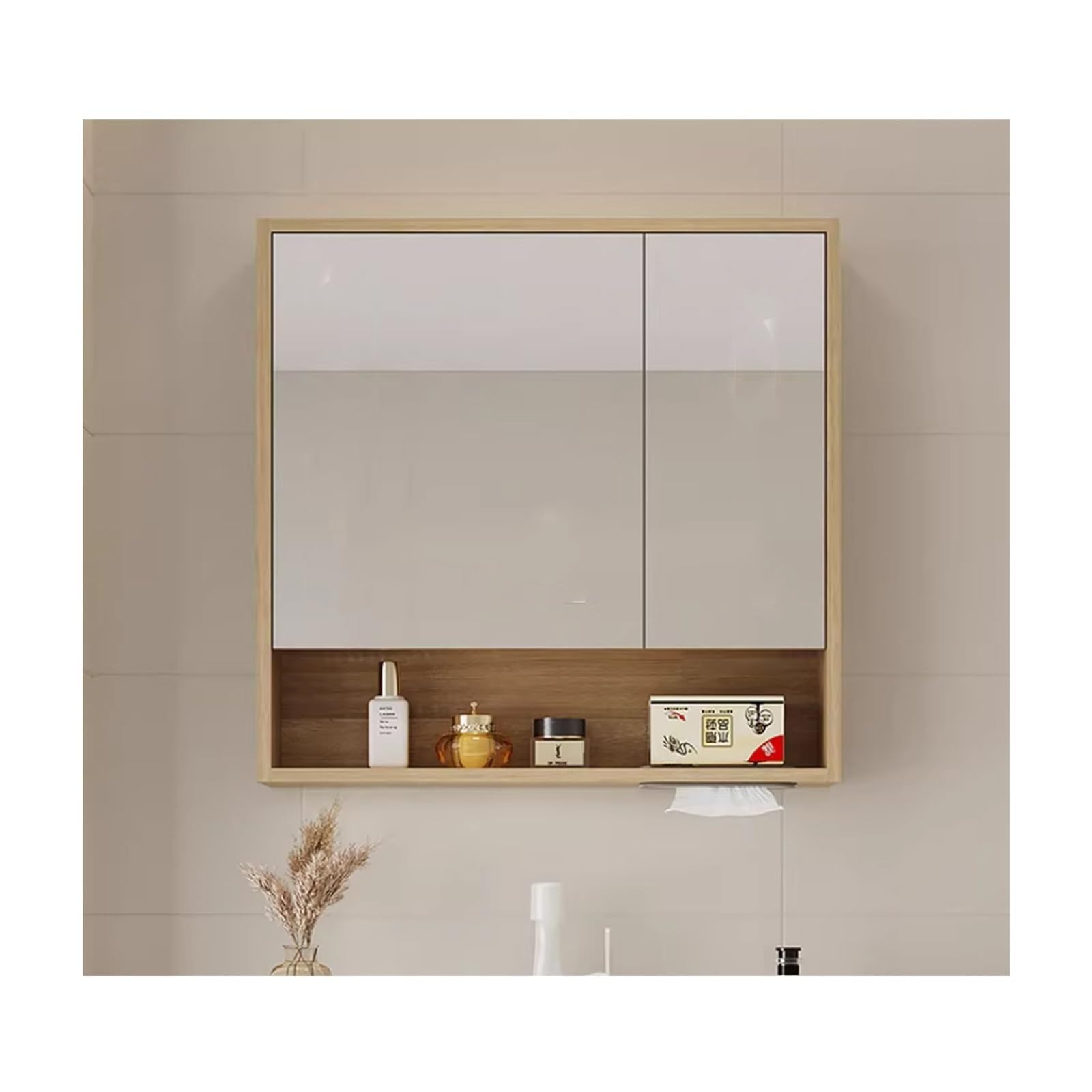 BKSXSOP Wall-Mounted Bathroom Mirror Cabinet with Double Doors, 70cm Vanity Storage Unit, Shelved Mirrored for Stylish nization (Wood)