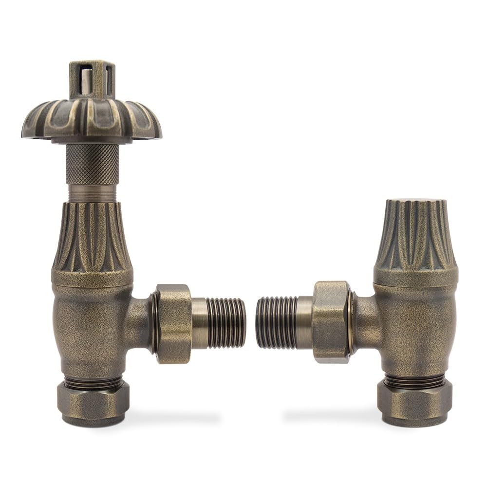 Antique Brass Angled Traditional TRV Thermostatic Radiator Towel Rail Valves