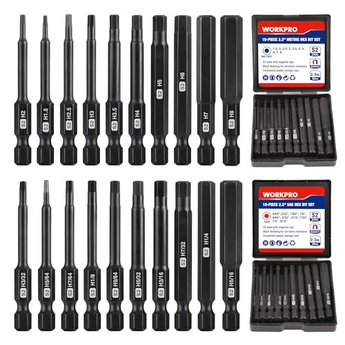 WORKPRO 20pcs Hex Head Allen Wrench Drill Bit Set, CNC Machined S2 Steel Magnetic Metric and SAE Hex Bits, 1/4 Inch Square Shank Driver Bits, 2.3" Long Screwdriver Bits Set With Storage Box