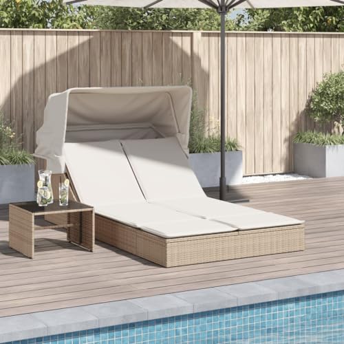 IKAYAA Cama de Ratán para Patio con Capota, Tumbona Doble de Ratán, Sofá Cama Doble para Jardín, Patio Trasero, Porche, Césped, Beige