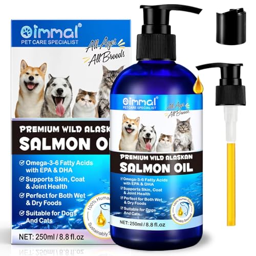 ClickAE Oimmal Omega-3 Salmon Oil for Dogs & Cats Salmon Fish Oil Supplement for Healthy Skin Shiny Coat & Joint Support Natural Pet Vitamins All Breeds & Ages 250ml