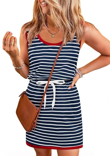 Image of Yousify Womens Summer Sleeveless Striped Dress Drawstring Waist Casual Tank Mini Dresses with Pockets