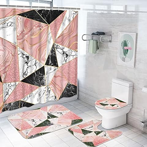 Likiyol 4 Pcs Pink Marble Shower Curtain Sets with Non-Slip Rugs, Toilet Lid Cover and Bath Mat, Abstract Geometric Marble Shower Curtain with 12 Hooks, Black and White Pink Bathroom Sets Cover