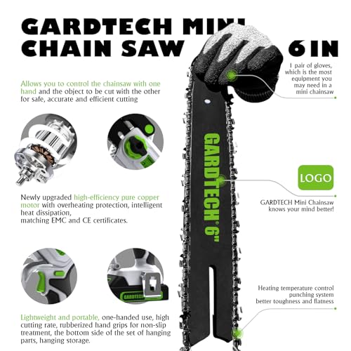 GARDTECH Mini Chainsaw Cordless 6 Inch - Portable Electric Chainsaw Cordless Battery Powered, Handheld Small Chain Saw with 2-side Security Lock [Southpaws Friendly] for Wood Cutting, Pruning Branches