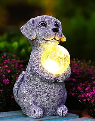 Tiejiajiang Dog Garden Statues - 8.4 Dog Decor with Gazing Ball LED Lights, Unique Gifts for Mom Grandma Birthdays, Outdoor Decor for Outside Lawn Porch Patio (Gray)