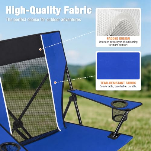 Image of Romswi Portable Folding Camping Chair for Adults, Heavy Duty Outdoor Sports Chair with Dual Cup Holders, Side Pocket and Carry Bag, Camping Chair for Lawn, Beach, Fishing, Picnic and Tailgating,Blue
