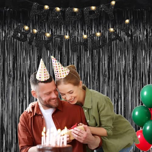 Image of 2 Pack Black Door Streamers Party Decorations,Black Tinsel Foil Fringe Streamers Backdrop for Mens 21st 30th 40th Birthday Decorations,Fringe Curtain Backdrop for Graduation Football Party Decorations