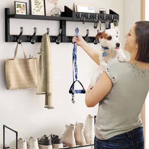 Image of Evermagin 35 inch Coat Rack Wall Mount with Shelf, 4 in 1 Wall Mounted Coat and Key Hanger with 13 Hooks, Entryway Key Holder with Mail Holder for Living Room, Bedroom, Black