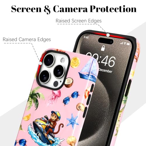 Image of Magnetic for iPhone 15 Pro Case [Compatible with Magsafe] Cute Summer Beach Monkeys Pattern Design, Full Body 2 in 1 Shockproof Scratch Resistant Protective Cover for Women Girl