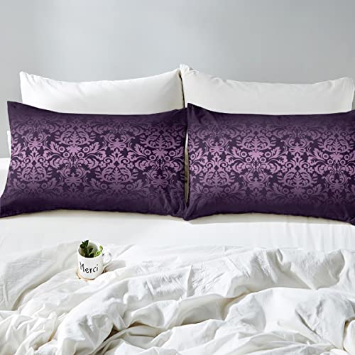 Homewish Damask Bedding Sets Double Size, Deep Purple Ombre Floral Duvet Cover Sets for Adults Women, Bohemian Paisley Damask Comforter Cover, Violet Victorian Baroque Bedding & Linen 3Pcs - Image 4