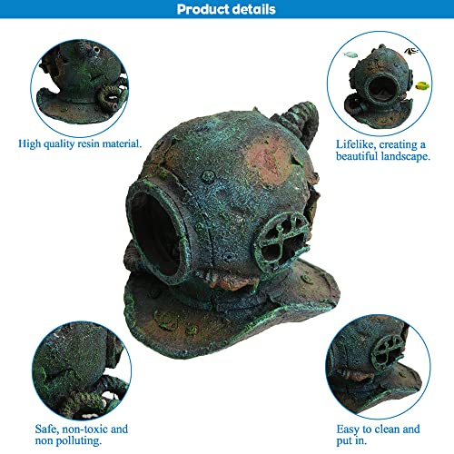 Image of Saim Aquarium Sunken Submarine Helmet Decorations,Realistic Vintage Noah's Ark Shipwreck Fish Tank Decorations,Fish Tank Accessories for Betta Medium Fish Tank Decor