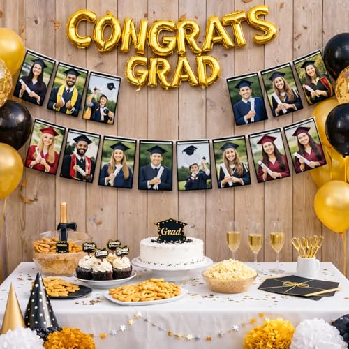 Image of Velunza Graduation Photo Banner with Hanging Rope, Congrats Grad Party Decoration, DIY Picture Display Garland for College School Graduation Celebration, Wall Hanging Memory Banner Kit