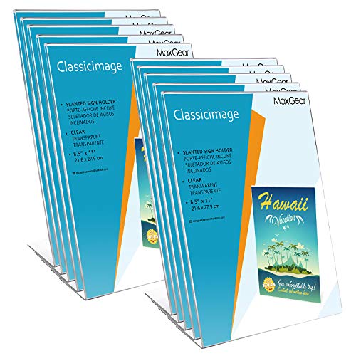 MaxGear Sign Holder 8.5x11 inches, Acrylic Sign Holder Slant Back Sign Holder Clear Sign Holder Plastic Paper Holder Table Top Sign Holder Plastic Display Stand for Office, Store, 10 Pack