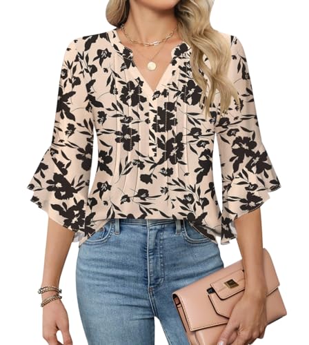 AKEWEI 3/4 Length Sleeve Womens Tops Double Layered Dressy Casual Business Work Blouses V Neck Office Tunic Shirts