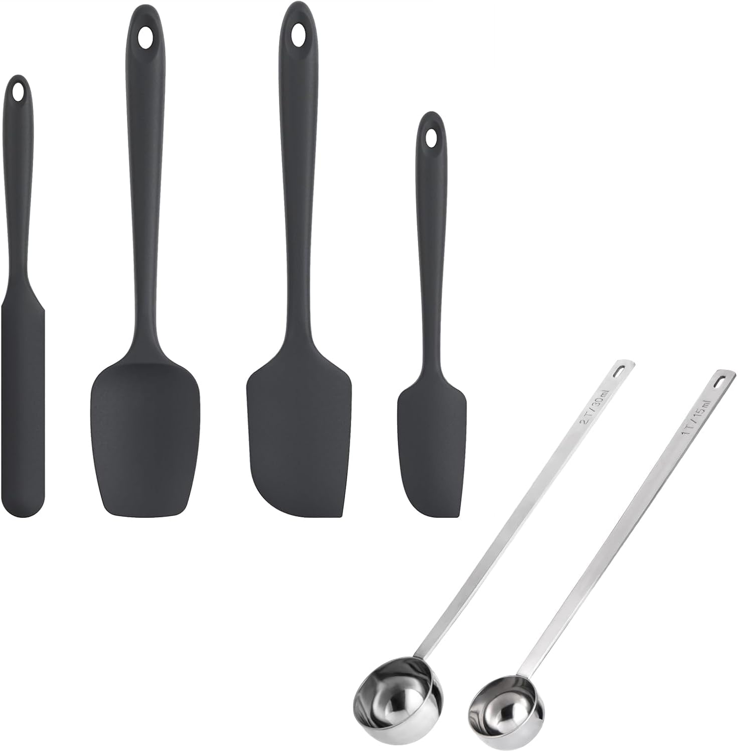 U-Taste 600ºF Heat Resistant BPA Free Silicone Spatula Set of 4 (Black), and 18/8 Stainless Steel 10in Extra Long Coffee Scoop Set of 2, 1&2Tbsp(15&30ml)