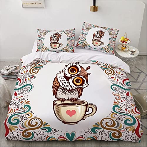 Housse de Couette 220x240 cm Chouette Dessin Animé Tissus Doux et hypoallergéniques, Microfibre glissière Invisible,Parure de lit et 2 taies d'oreiller 65x65 cm Cover