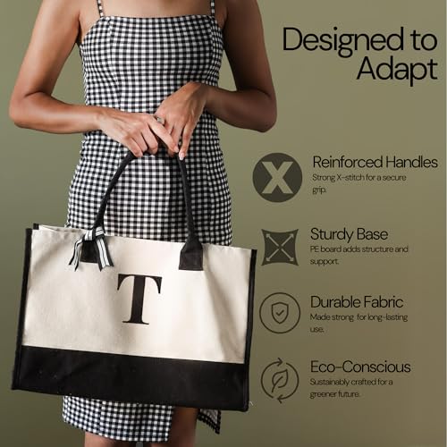 Image of Salt Earth Canvas Tote Bag for Women, Personalized Initial Monogram Tote, Beach Grocery Utility Tote for Travel & Work