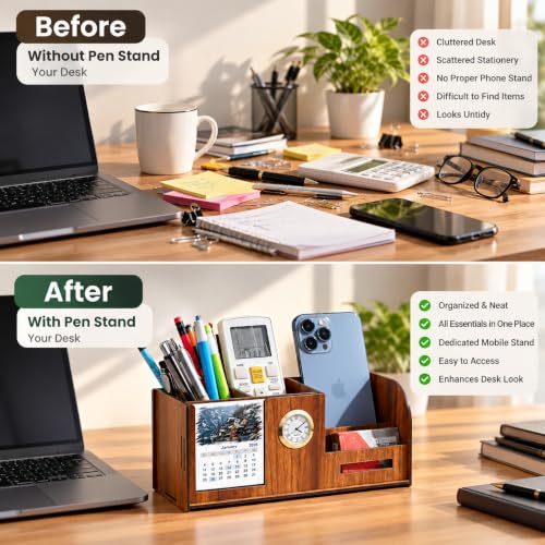 Image of Deskart Wooden Desk Organizer with Mobile Stand, Pen Holder, Visiting Card Holder, 2026 Calendar & Clock | Multifunction Office Table Organizer for Home, Office & Corporate Gifting, Corporate Gift