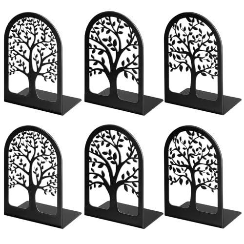 HappyHapi Book Ends, Metal Bookends for Shelves Decorative, Tree Stopper for Heavy Books, Black Ends to Hold Books for Home Office, 6.5 X 4.7 X 3.5 Inch(3 Pairs/6 Pcs, Large)