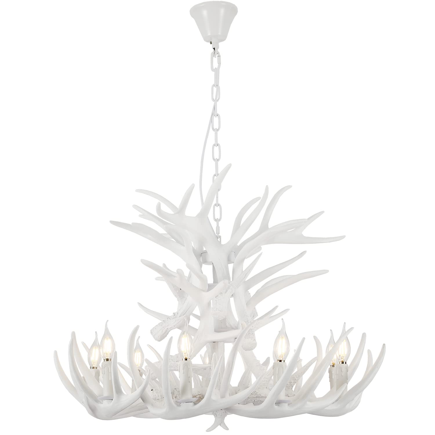 EsEntL White Antler Chandelier, American Retro Resin Deer Horn Lamps, E12 Lamp Holder, Commercial and Home Lighting for Cafes, Bars, Restaurants, Living Rooms (18 Antlers + 9 Lights)