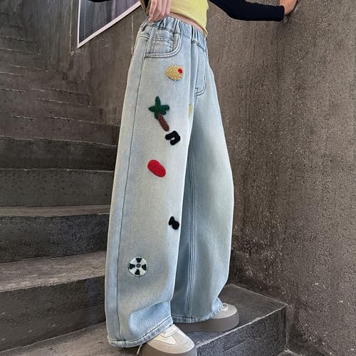 Girl's Bow Embroidered Baggy Jeans Elastic Wasit Wide Leg Denim Pants Casual Y2K Streetwear Cute Trousers with Pockets4