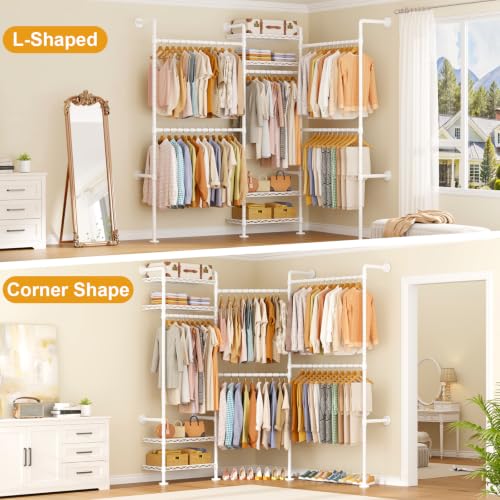 Image of ULIFHOME M7 Wall-Mounted Clothes Rack, Heavy-Duty Garment Closet Rack | Metal Clothing Storage Organizer with Shelves and Expandable Hangers, (66.5-100.7) inchL x 11.8 inchD x 86.6 inchH for Hanging, White